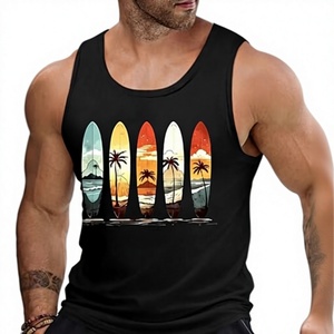 Camiseta sin mangas con cuello en V para hombre, color negro, de secado rápido, 100% poliéster, con estampado digital de surf y atardecer. - Product Image 2