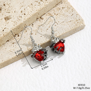 Gothic Heart Skull Hand <b>Drop</b> <b>Earrings</b> <b>Red</b> Crystal Zinc Alloy Party Jewelry for Women Halloween Style - Product Image 3