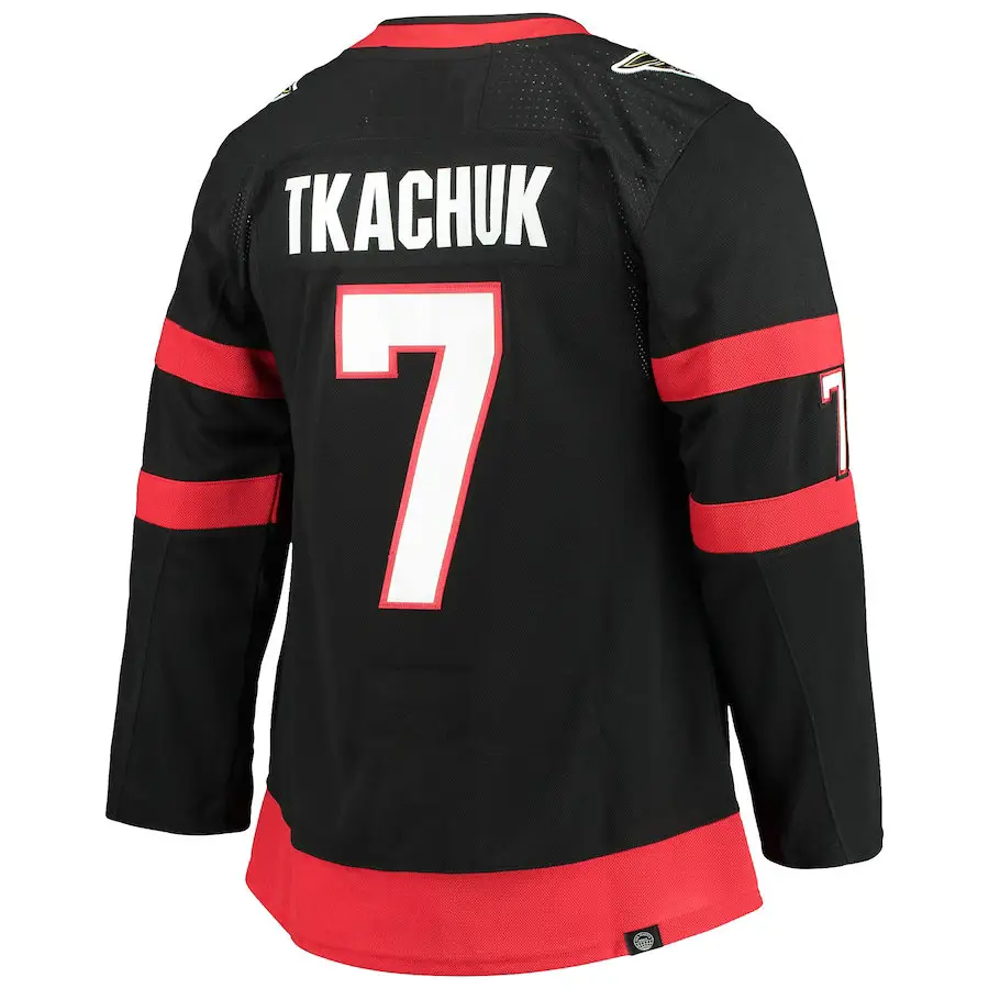 Hot Sale Großhandel Genähtes Eishockey Trikot Ottawa #7 Tkuchuk #72 Chabot Stickerei Ice Jersey Recycled Fabric Shirts