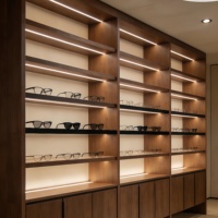 Table de présentation optique moderne de luxe en bois robuste sur mesure avec tiroirs et éclairage LED, design écologique pour magasin de lunettes