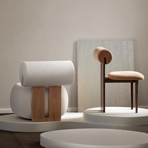 Poltrona Singola Multifunzionale in Legno Massello Stile Crema, Design Wabi-sabi Mid-Century Moderno, con Schienale Imbottito in Lana d'Agnello per Soggiorno - Product Image 2
