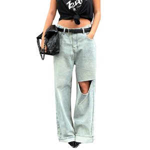 Wholesale Custom Logo Vintage Light Acid Wash Distressed Ripped Wide Leg Floor Sweep Straight Jeans Women Workwear <b>Denim</b> Pants - Product Image 3