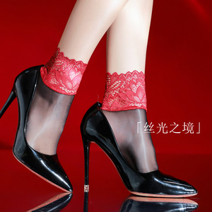 Lace Socks Ultra Thin Transparent Mid Calf Red Trim Black Women's Socks Four Seasons Nylon High Elasticity - Product Image 1