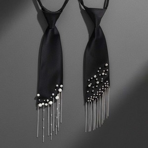 Corbata de satén negra con borlas, diamantes de imitación y flecos de perlas, sin nudos, para hombre y mujer, accesorio de moda. - Product Image 1
