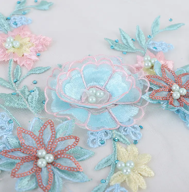 New Styles Embroidery Lace Patch Rhinestone Pearl Embroidery Lace Patch
