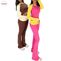 Ensemble ODM pour femme : haut court à manches longues raglan color block et pantalon évasé taille haute pliable, extensible, grande taille, pour yoga et streetwear