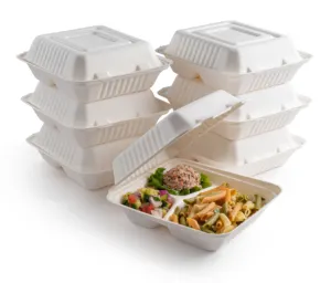 eco food packaging biodegradable tableware bagasse paper takeaway clamshell 3 compartment disposable sushi lunch box