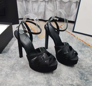 Beautiful peach-colored satin waterproof platform <b>sandals</b> with ultra-high heels and one-piece buckle cross straps for formal - Product Image 2