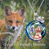 YFN Bijoux animaux Collier en cristal bleu papillon renard mignon en argent sterling 925 à deux tons