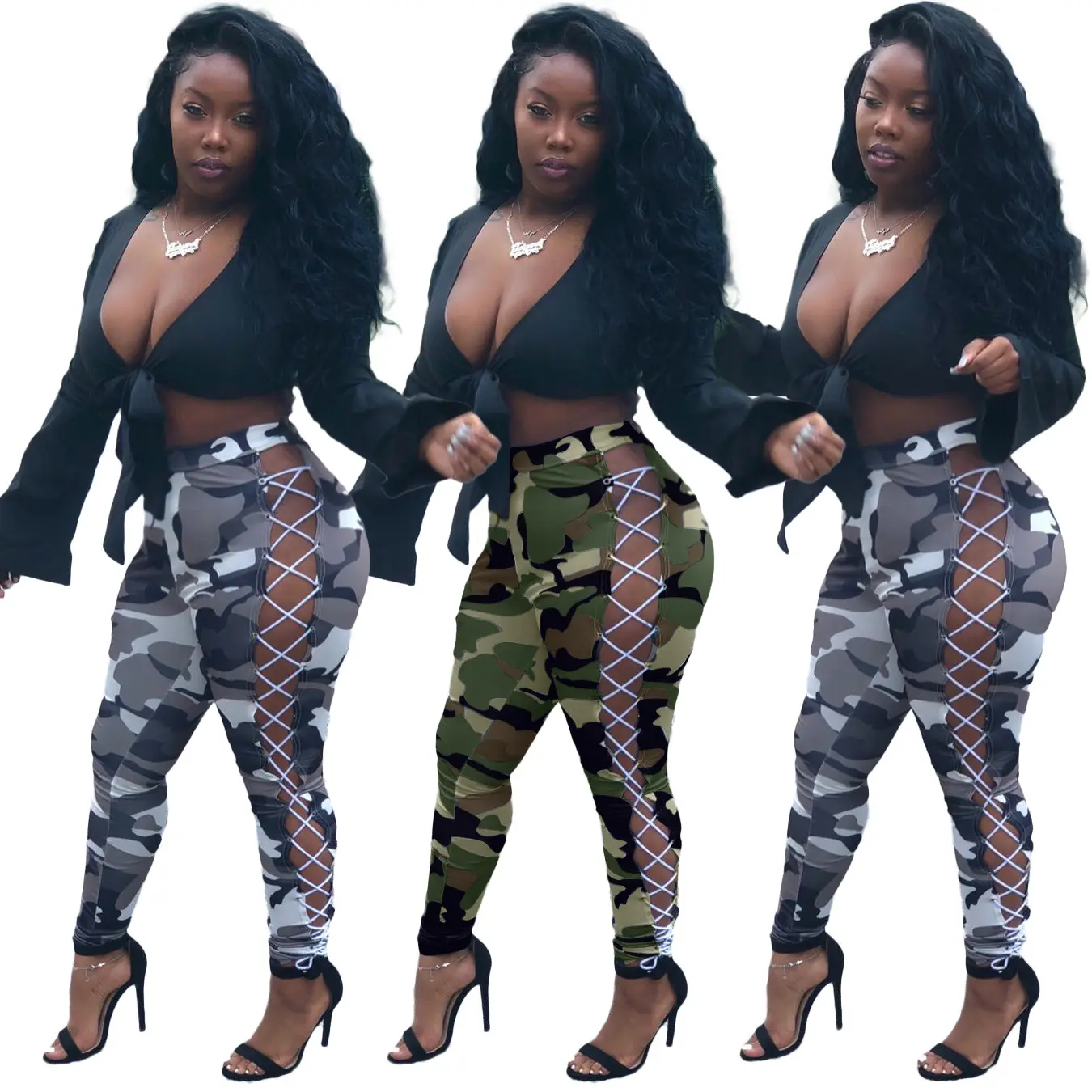 YP Trendy Women Fashion Sexy Hollow Out Pants Lace Up Camouflage Casual Long Trousers High Waist Pants