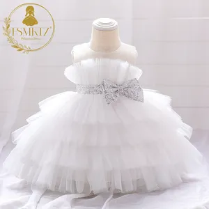 Yeni tasarım pullu yay puf tül gelinlik 2 yıl bebek Frocks kız parti elbise giymek