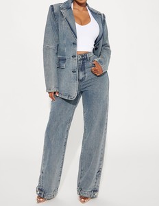 <span class=keywords><strong>Jean</strong></span> large rétro pour <span class=keywords><strong>femme</strong></span>, <span class=keywords><strong>coupe</strong></span> <span class=keywords><strong>droite</strong></span> taille haute, ourlet boutonné, denim bleu délavé, tenue chic au quotidien - Product Image 2