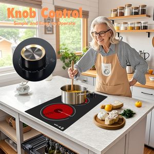 Placa de cocción eléctrica vitrocerámica empotrada de 2 quemadores con control por perilla, en negro Domino. - Product Image 2