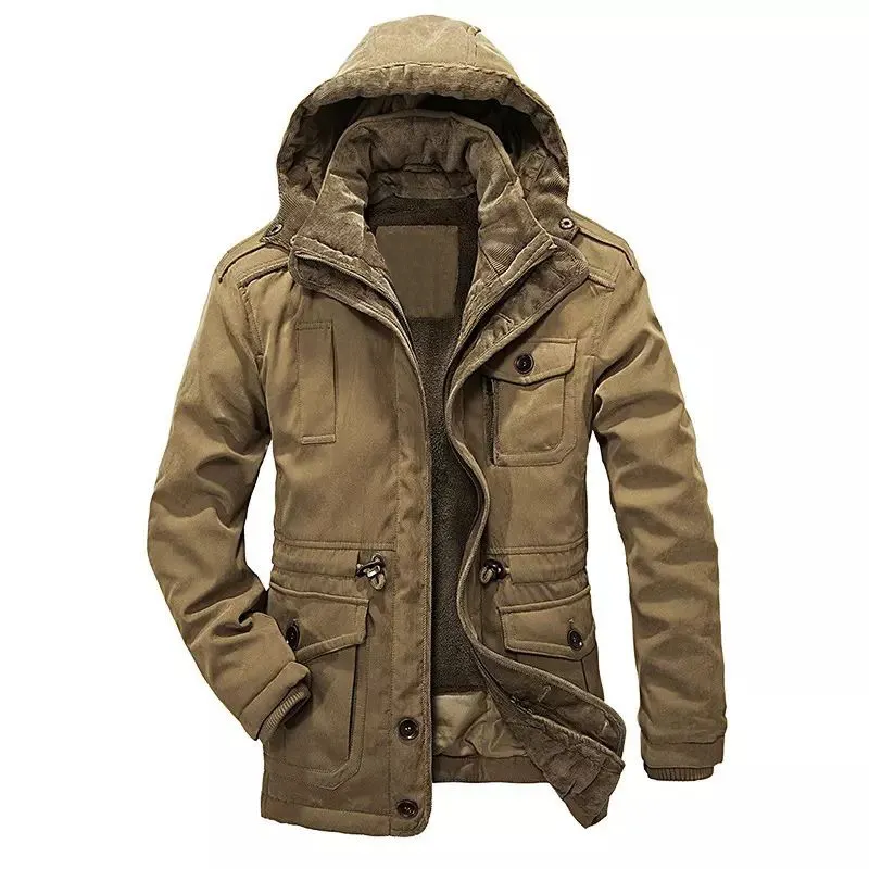 Custom trendy men overcoat solid color fleece hooded plus size men long coat slim sherpa detachable liner men's jacket winter