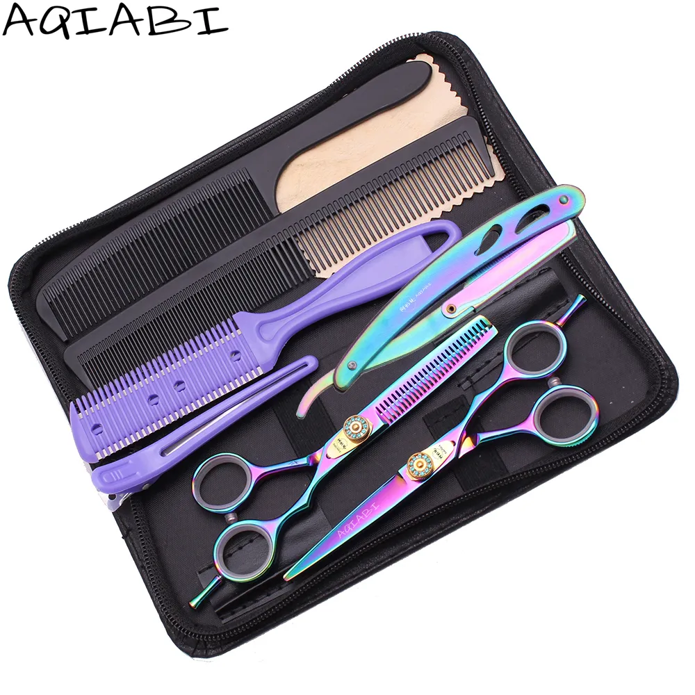 Hairdressing Scissors and Comb 5.5" 6.0'' AQIABI Japanese Steel Hair Cutting Scissors with Finger Rings Thinning Scissors A1020