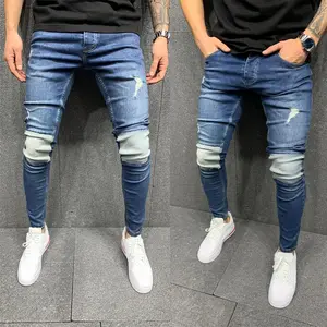 2022 Europea Hoge Wist Mannen Stretchy Patch Biker Jeans Taps Rimpel Skinny Mode Elastische Denim Broek