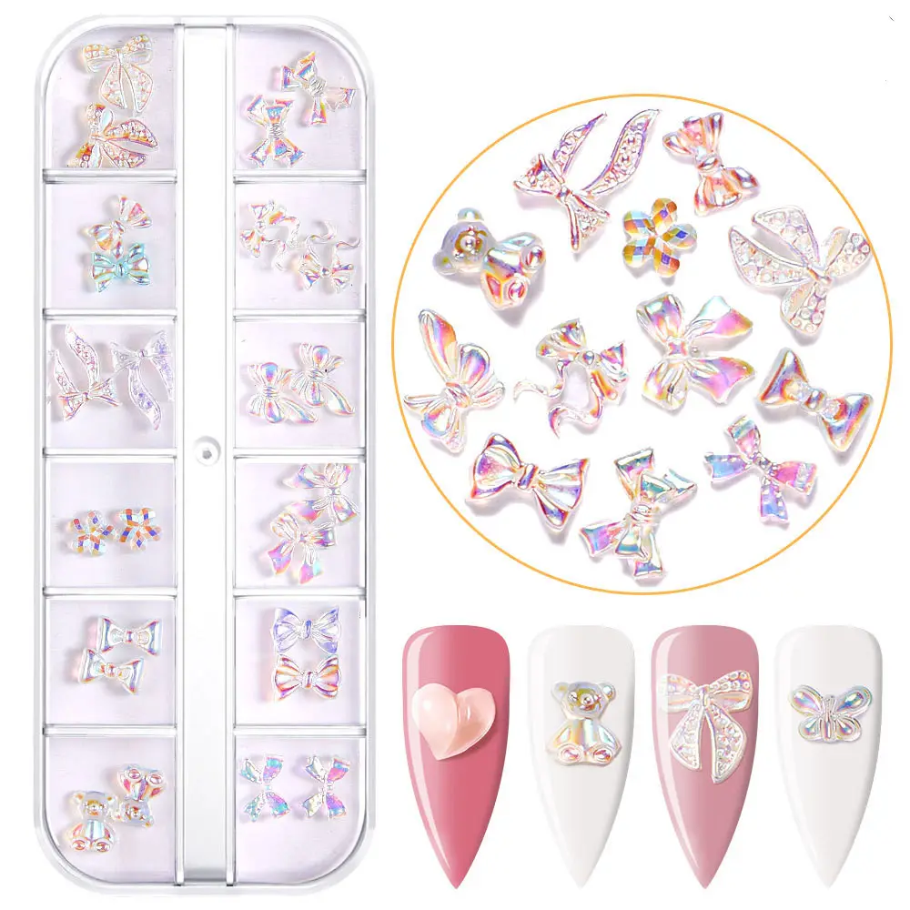 3D Colorful Mini Aurora Resin Nail Art Set Decoration Bow Knots Butterfly Multi Shapes Acrylic For Nail Art