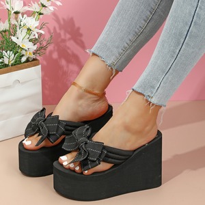 Nouvelles sandales d'été décontractées pour femmes à talon épais antidérapant de 11 cm, <span class=keywords><strong>noires</strong></span>, à bout ouvert et nœud, idéales pour la plage - Product Image 1