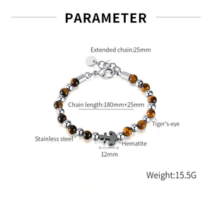 Pulsera de Acero Inoxidable con Cuentas de Piedra Ojo de Tigre y Ancla de Barco, Diseño Moderno en Negro, Joyería para Hombre - Product Image 6