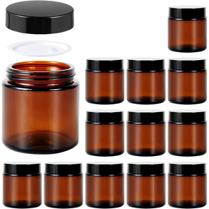 1oz 2oz 4oz 8oz Straight Sided Round Amber Glass Cosmetic Jar with Black Plastic Lid BPA Free <b>Container</b> - Product Image 1