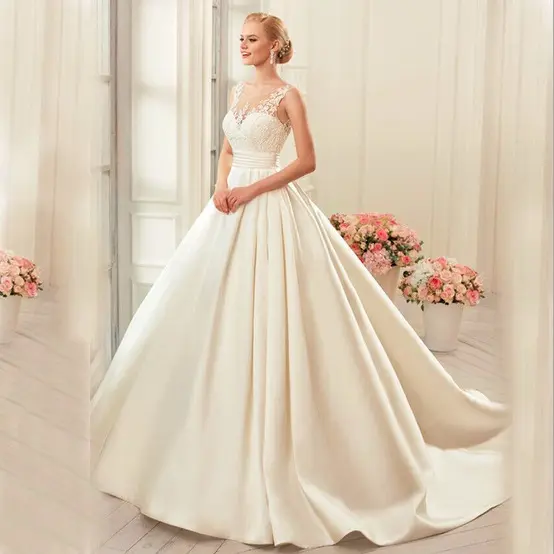 New Pattern Bridal Satin A Line Wedding Dresses Sexy Lace Sleeveless Long Trail Ball Gown