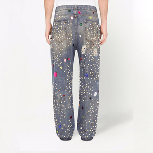 DS-Fabricante de pantalones vaqueros personalizados, Pantalones vaqueros de pierna recta con adornos de piedra azul - Product Image 4