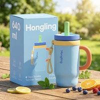 Hong Ling Tasse à thé et café portable 2-en-1 en acier inoxydable et verre de 27 oz avec poignée, paille et sangle