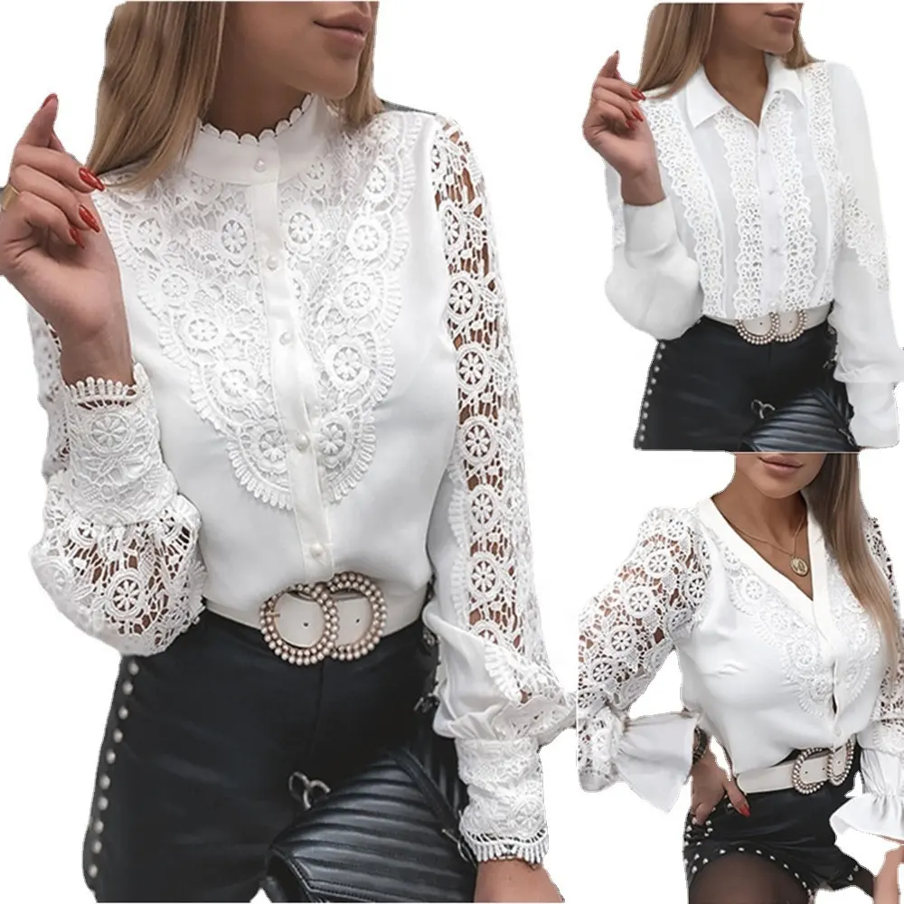 Wholesale ladies elegant office white blouse shirt fashion V neck Korean lace top blouse