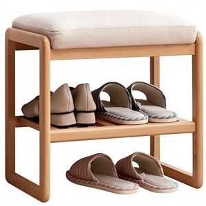 Banco de Entrada de Madera Natural con Estante para Zapatos, Asiento Tapizado, Mueble Organizador Contemporáneo para Pasillo - Product Image 5
