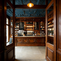 Comptoir de café commercial en bois de luxe au design vintage pour boulangerie, avec rangements intégrés