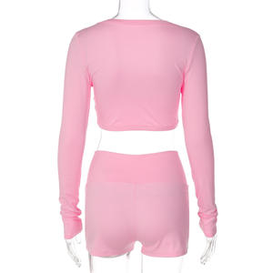 Viviblook Z0105ST02 <b>Women</b> Two Piece Set New Solid Color Twisted Long Sleeved Crop Top <b>Tight</b> Shorts Sports Yoga Suit For <b>Women</b> - Product Image 4