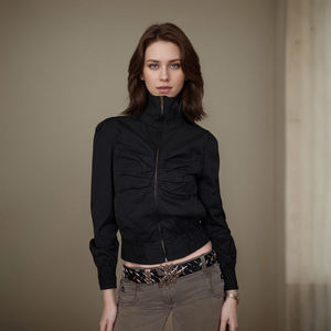 Chaqueta tejida con cuello alto y cremallera plisada de color liso para mujer, estilo Y2K, informal, versátil y a la moda. - Product Image 6