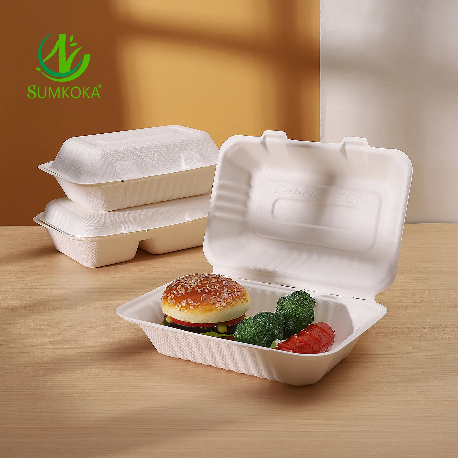 SUMKOKA PFAS libre biodegradable compostable Pulpa de bagazo comida rápida Clamshell caja de almuerzo para llevar caja de embalaje de alimentos