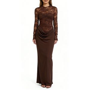 Vestido Maxi <span class=keywords><strong>de</strong></span> Encaje con Mangas Largas y Fruncido para Mujer - Vestido <span class=keywords><strong>de</strong></span> Noche con Recortes <span class=keywords><strong>de</strong></span> Encaje Floral Transparente Sehe Fashion - Product Image 4