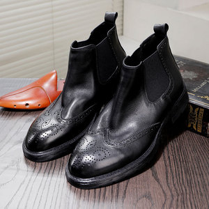 Bottes montantes pour hommes en cuir véritable, style vintage britannique, brogues à motifs, décontractées et habillées, légères et confortables, à enfiler, pour l'été - Product Image 1