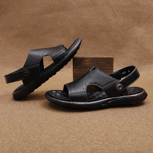 Summer Men's Casual <b>Slides</b> First Layer Cowhide Open Toe Anti <b>Slippery</b> Rubber Outsole EVA Midsole Buckle Strap Sandals - Product Image 1