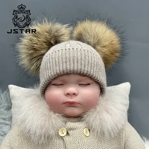 Jstar冬季安哥拉羊毛针织帽儿童和成人条纹100% 浣熊毛皮绒球帽