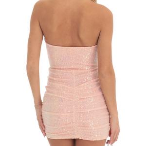 Robes de soirée élégantes pour femmes, robes de soirée en maille à paillettes rose personnalisées, robes de soirée sans bretelles, mini robes d'été - Product Image 2