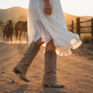 Stivali da Cowboy in Camoscio da Donna con Logo Personalizzato OEM, Gambale Morbido, Ricamo Tono su Tono e <span class=keywords><strong>Tacco</strong></span> Cubano a Pila - Product Image 6