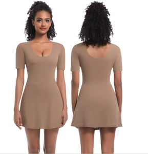 Frauen U-Ausschnitt Tennis kleid Yoga Sport rock Einfarbig Kurzarm Golf Beach Mini kleid Schlitz Saum Loose Soft Workout Wear - Product Image 1