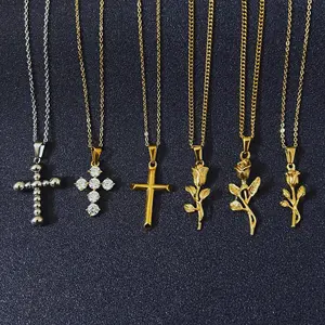 Religious Virgin Mary Stainless Steel Christian Iced Out Cz Crucifix Cross Necklace Hot 18k Gold Flower Jewelry Rose Necklace