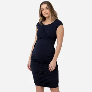 ड्रॉप्ड शोल्डर ट्विस्ट फ्रंट फैशनेबल गर्भवती महिलाओं की पोशाक