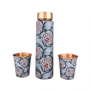 Floral Pattern Copper <b>Thermos</b> With Copper Lid And Two Matching Cups Portable Travel Drinkware Set - Product Image 1