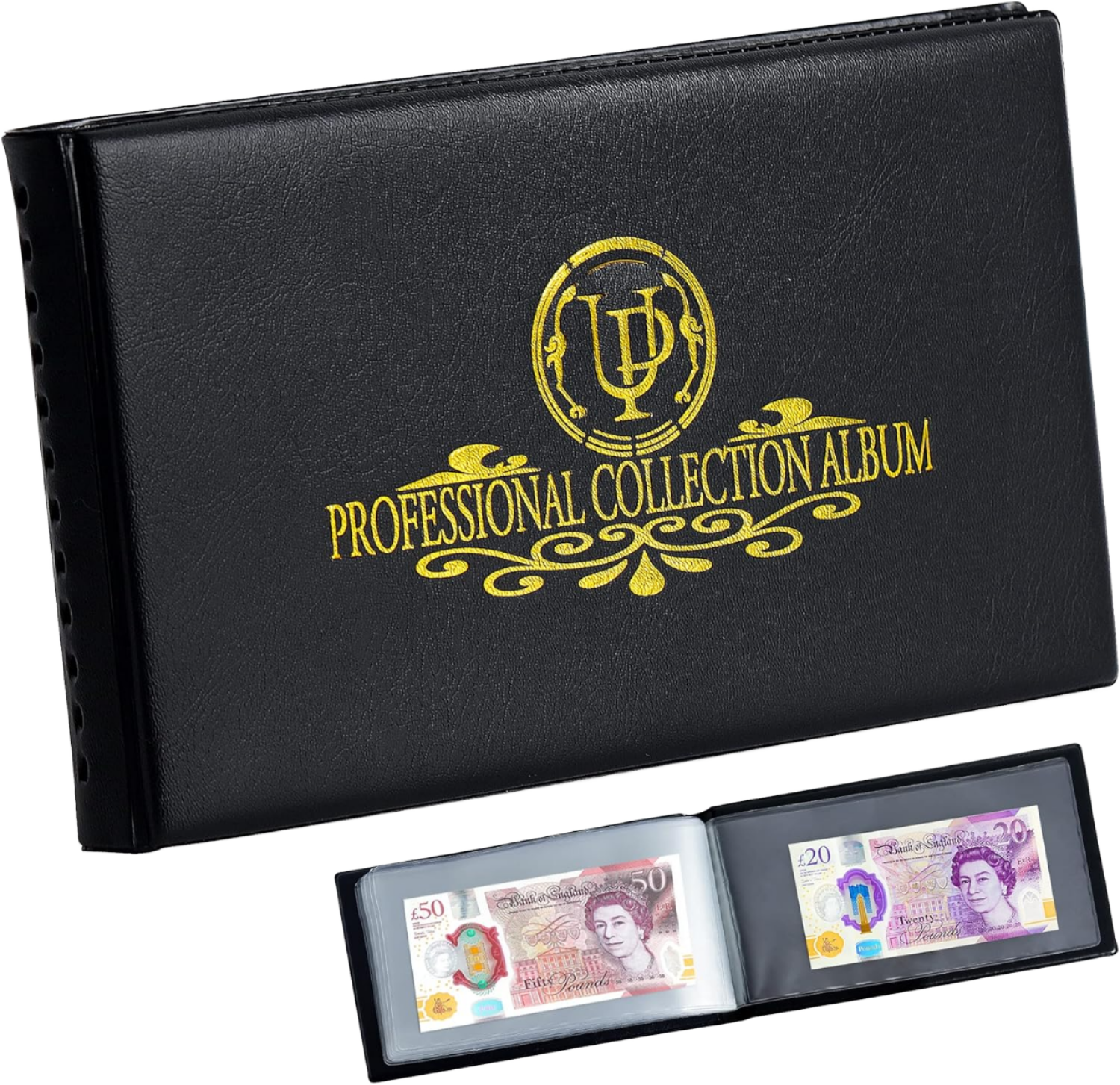 Álbum De Cuero Sintético Para Billetes Con 20 Fundas - Mecanismo De 4 Anillas, Dorado, Para Coleccionistas