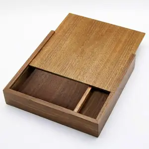Wooden Walnut Box with Sliding Lid Unique Photo Storage Wedding Gift Box for Couples Love Theme Top