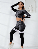 Setelan Yoga Fitness Musim Semi Gugur Terbaru 2-Potong Celana Panjang Lengan Panjang Bernapas Bermotif Menyerap Keringat Elastis Pinggang Elastis