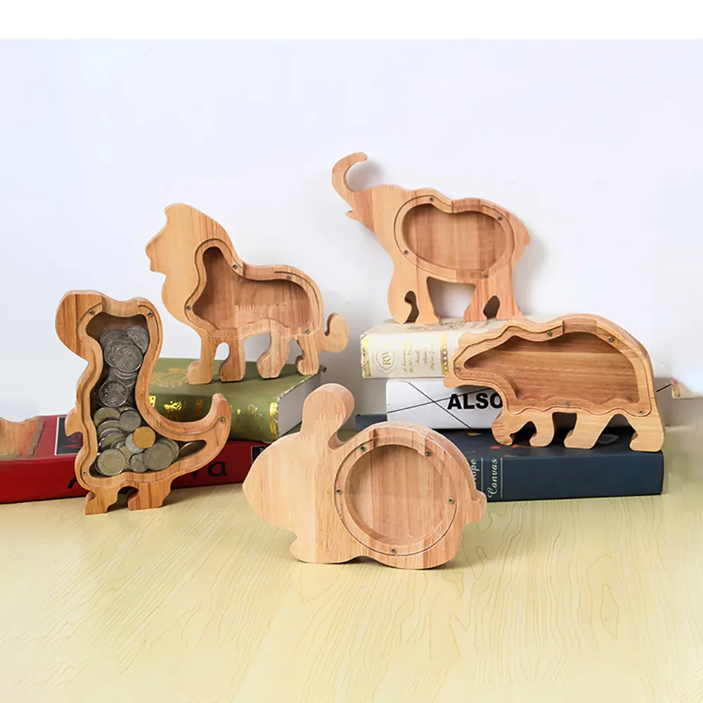 Hucha de madera de roble con forma de Animal personalizada para niños, alcancía transparente para ahorro de dinero