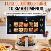 Friteuse à air panoramique 360° avec 10 menus intelligents, écran tactile, panier en verre, rotation à 180°, chauffage uniforme, cuisson sans huile pour la famille