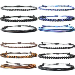 Wholesale New Men's Natural Stone Hand Woven Three-Piece Set Adjustable Woven Rope Jewelry Bracelet