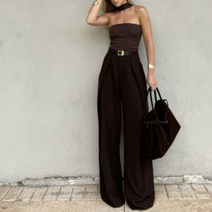 Pantalones de Pierna Ancha de Cintura Alta con Logotipo Personalizado, Corte Holgado, Detalle Plisado, Pantalones de Algodón para Mujer, Nueva Llegada - Product Image 1